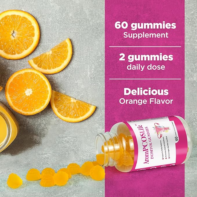 AromPCOSLife Inositol Gummies Support Ovulation, 2 Packs Vitamin Gummies Support Menstrual Cycle & Hormonal Balance for Women, Orange Flavor Inositol Gummy with Myo-Inositol, Folate and Vitamin B6 B12