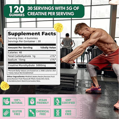 NSF Certified Creatine Gummy 5g - Creatine Monohydrate Gummies for Men & Women, Creatine Monohydrate for Muscle Strength, Muscle Builder, Energy Boost, Pre-Workout Supplement(120 Count)-Passion fruit
