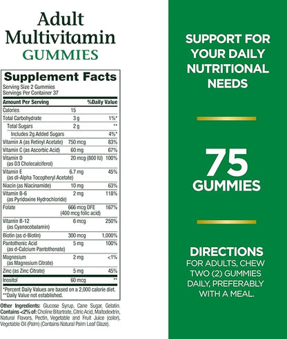 Nature's Bounty Adult Multivitamin Gummies, Vitamin Supplement, Daily Nutritional Needs, Orange, Cherry and Grape Flavor, 75 Gummies (Pack of 3)