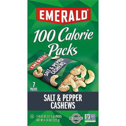 Emerald Nuts, Salt & Pepper Cashews, 100 Calorie Packs, 7 Count, 4.34 Oz (Pack of 4)