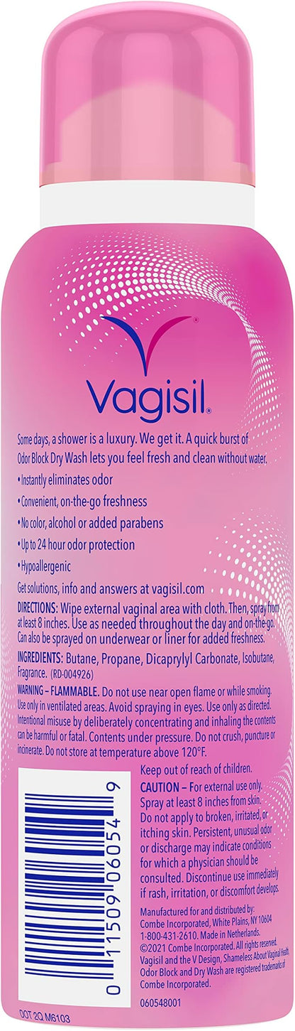 Vagisil Odor Block Dry Wash Spray for Feminine Hygiene, Gynecologist Tested, Hypoallergenic, 2.6 Ounces (Pack of 1)