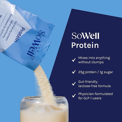 SoWell GLP-1 Protein Vanilla Powder with Whey Collagen and Digestive Enzymes for Muscle Mass, Skin, Hair, Nails and Digestion Support, 14 Stick Packs