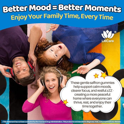 Sugar Free Saffron for Kids, Teens & Adults, Saffron Gummies Supplements for Kids Calm & Focus Gummies, Saffron Extract with L-Theanine, GABA & Magnesium Glycinate for Mood - No Melatonin, 60Cts