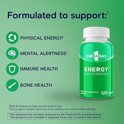 A Day Energy Daily Essentials Multivitamin, Energy Supplement to Support Mental Alertness and Immune Health with Vitamins A C, D, E, Zinc and Caffeine, 120 Count (Pack of 2)