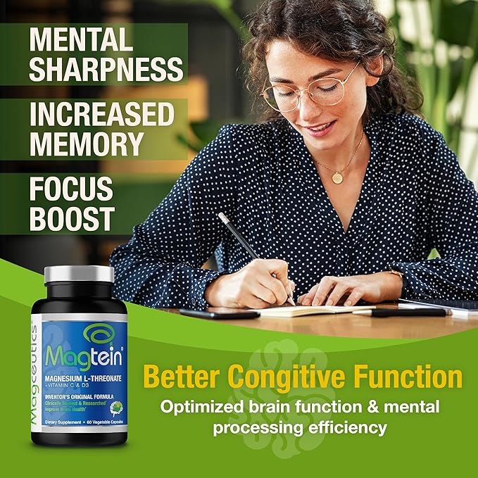 Magtein - Magnesium L-Threonate Supplement, Memory, Focus, Sleep & Brain Health Formula for Men & Women, Cognitive Support for Adults, Clinically Researched - 60 Veg Capsules