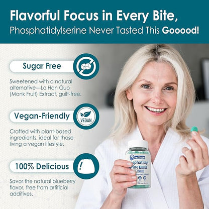 Phosphatidylserine - Nootropic Brian Supplement, Focus & Energy Gummies + Bacopa Monnieri, Omega 3, Huperzine A, Methyl B12 & B6 for Seniors, Gamers, Workers, Non-GMO, Caffeine-Free, Sugar Free,60 Cts
