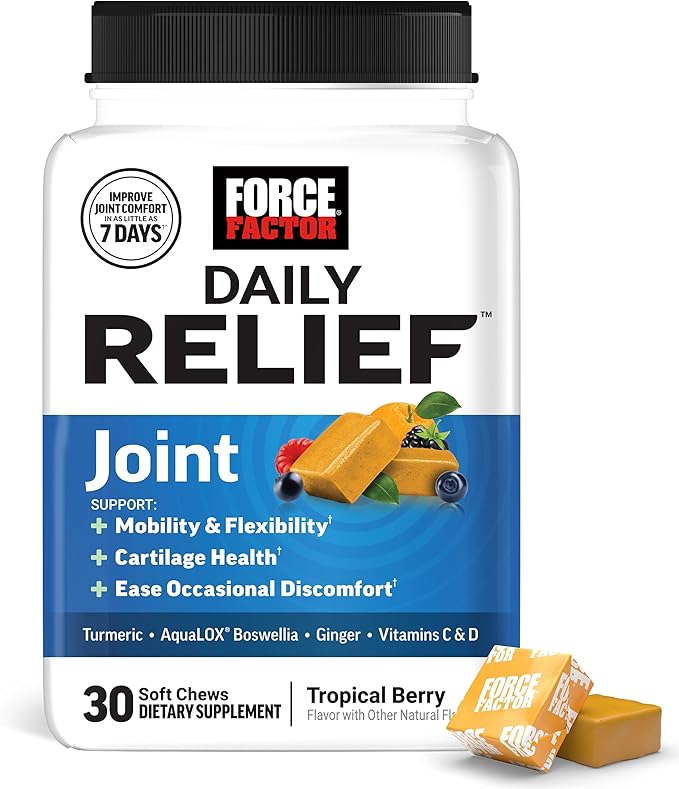 Force Factor Daily Relief Joint Support, Drug-Free Joint Formula with Boswellia, Turmeric, Ginger, Vitamin C and D for Mobility, Flexibility, and Cartilage Health, Tropical Berry, 30 Soft Chews