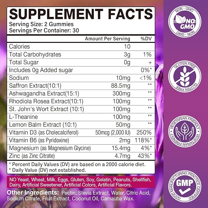 2 Pack Saffron Supplements Gummies for Kids & Adult, 88.5mg Saffron Extract with Vitamin D3, B6, Magnesium, Ashwagandha, L-Theanine for Clam, Energy, Focus, Sugar-Free, Strawberry Flavor, 120 Count