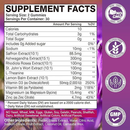2 Pack Saffron Supplements Gummies for Kids & Adult, 88.5mg Saffron Extract with Vitamin D3, B6, Magnesium, Ashwagandha, L-Theanine for Clam, Energy, Focus, Sugar-Free, Strawberry Flavor, 120 Count