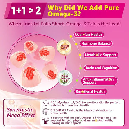 Myo-Inositol & D-Chiro Ideal 40:1, Inositol + Omega-3(3:1) Gummies, Hormone Balance for Women | Sugar Free Inositol Gummies w/Omega 3 DHA:EPA (3:1), Inositol Supplement for Cycle Health, Vegan, 60 Ct