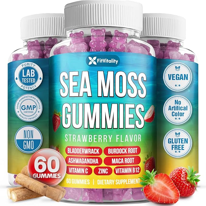 60 Sea Moss Gummies | 9-in-1 Formulation with Irish Sea Moss, Ashwagandha, Burdock, Elderberry, Bladderwrack, Maca, Zinc, B12 | Energy & Immune Support | Strawberry Flavor Vegan Gummies