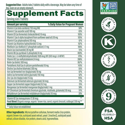 MegaFood Baby & Me 2 Prenatal Vitamin and Minerals - Vitamins for Women - with Folate (Folic Acid Natural Form), Choline, Iron, Iodine, and Vitamin C, Vitamin D and more - 60 Tabs (30 Servings)