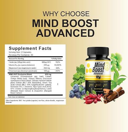 BLUE VIBE Mind Boost Premium Health & Wellness Nootropic Supplement, MindBoost Advanced All Natural Health Management & Overall Wellness Support Supplement Formula Pills (2 Pack - 120 Capsules)