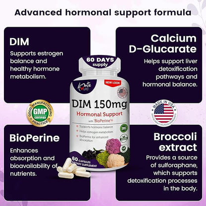 Women’s DIM Complex 150mg - Bioperine Estrogen Balancing Pills for Menopause & Hot Flashes Relief Support Hormonal Acne Powerful Supplement - Pack of 2 (60 Count per Bottle), Made in USA