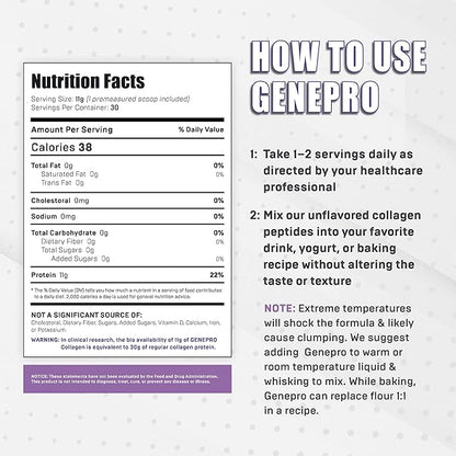 Musclegen Research Genepro Unflavored Protein Powder with Collagen Peptides - Lactose-Free, Gluten-Free Protein Supplement Shake for Hair, Skin and Nails (30 Servings)