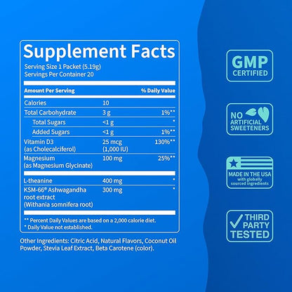 Nello Supercalm Powdered Drink Mix, Cortisol Reducer* and Sleep Aid Supplement, L Theanine, Ksm-66 Ashwagandha, Magnesium Glycinate, Vitamin D 3, No Sugar, Non GMO, On The Go, 20 Ct, Pina Colada