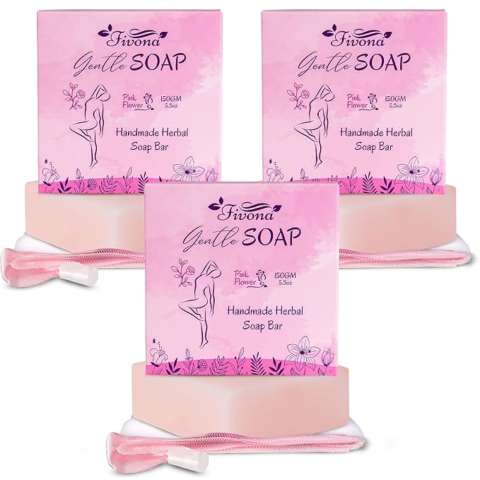FIVONA Pink Yoni Soap Bar Set of 3 - Gentle Feminine Wash & Body Cleansing Bars, Herbal Soap with Natural Ingredients - 3 x 5.3 oz - Includes Mesh Foaming Net for Rich Lather & Light Exfoliation