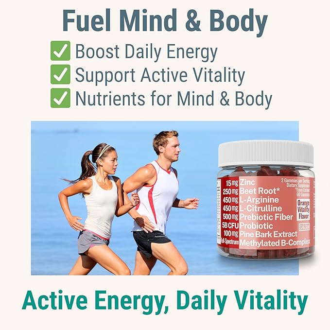 Pine Bark Extract L-Arginine L-Citrulline Beetroot Probiotic Fiber Methylated B Complex Zinc Gummies for Women Men Adults Kids w. Chicory Root Inulin 5-MTHF B6 P5P Powder Capsule Pill Supplement Alt