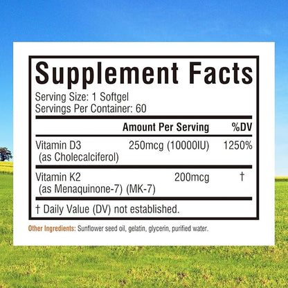 Innate Vitality Vitamin D3 K2 Supplement, High Potency Vitamin D3 10000 IU & Vitamin K2 (MK-7) 200 mcg, Supports Bone, Teeth, Heart & Immune Health, Non-GMO, Gluten Free, 60 Softgels