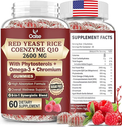 Red Yeast Rice with CoQ10 Gummies,2400mg Red Rice Yeast for Cholesterol*, CoQ10 200mg with Phytosterols, Omega - 3 & Chromium,- 60 Count, Raspberry Flavor for Women & Men