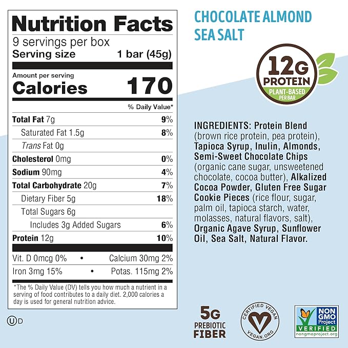 Lenny & Larry's Cookie-fied Protein Bar – Chocolate Almond Sea Salt Vegan Protein Bars 9x45g – Healthy Snacks with 12g Plant Protein & 5g Fiber – Gluten-Free Power Bar, Non-GMO & Vegan