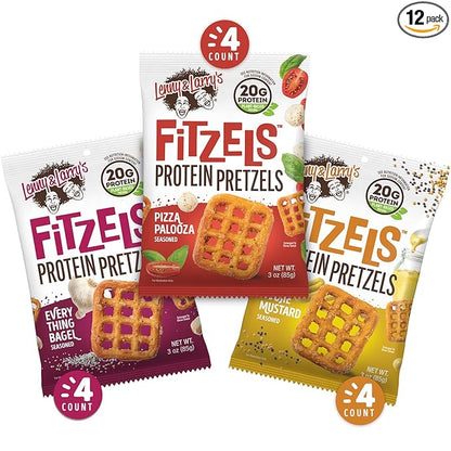 Lenny & Larry's FITZELS Variety Pack, 3 Flavors, 12 Count- Savory Pretzel Snacks Incredibly Tasty, High Protein Salty, Vegan, 20 g's of Plant Based Protein, 3 oz Each