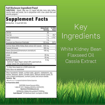 Irwin Naturals Maximum Strength 3-in-1 Carb Blocker - Neutralize Carbohydrates, Aids Digestion and Metabolism Booster - White Kidney Bean Extract + Chromium + Enzyme Blend - 150 Liquid Soft-Gels