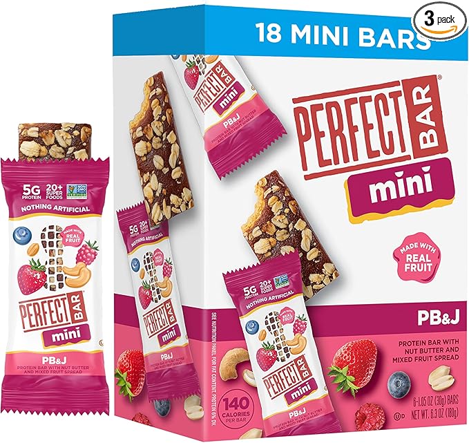 Perfect Bar Mini, PB&J Protein Bar, Protein Snack, Snack Bar, Gluten Free, Soy Free, Non GMO, No Sugar Alcohols, 1.5 Ounce Bar, 18 Count