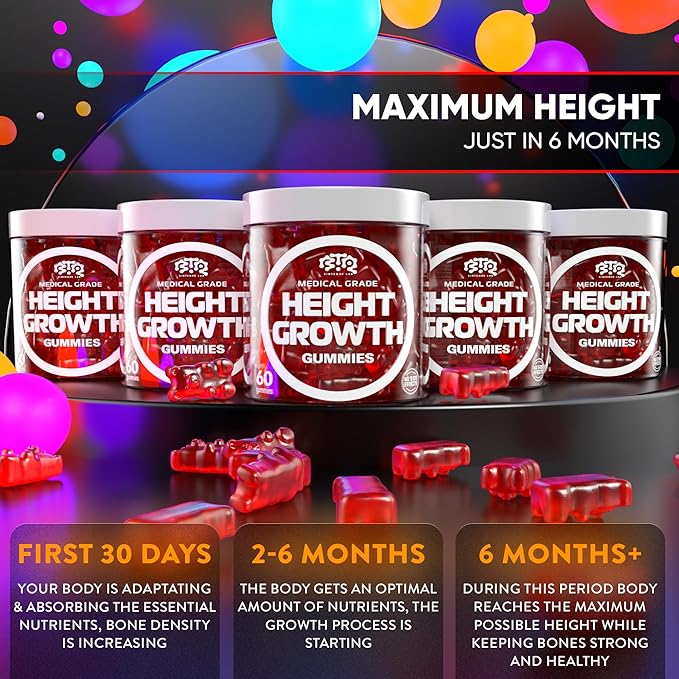 BIOTEQUELAB Height Growth Increase Gummies Vitamins, Grow Tall Supplement, Calcium, Magnesium, Zinc, Ashwagandha, Glucosamine Multivitamin for Teens, Kids, Adults