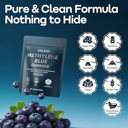 Methylene Blue Gummies, 7mg of Methylene Blue，99.9% Pure, Per Gummy for Sustained Energy,Lifted Mood,Mental Clarity, Pure, Fast-Absorbing,Vegan，30 Gummies