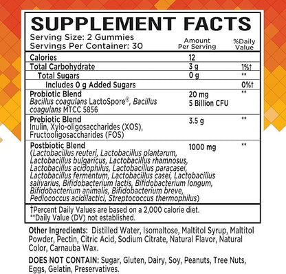 NutraPep Prebiotic Probiotic & Postbiotic Gummies for Women Men & Kids Children - High Potency 5 Billion CFU - Sugar-Free & Gluten 60 Count (Pack of 2)
