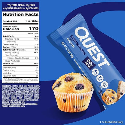 Quest Nutrition Blueberry Muffin Protein Bars, 20g Protein, 2g Sugar, 5g Net Carb, High Fiber, Gluten Free, Keto Friendly, 12 Count