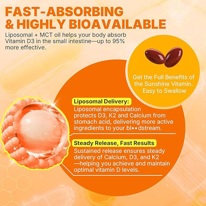 Vitamin D3 20,000 IU + K2 Vitamin (MK4 & MK7) 200mcg + Calcium Citrate, Optimal Vitamin D3 K2 Softgel - Strong Bone & Muscle, Calcium Absorption, Helping Vitamin D Deficiencies, Easy to Swallow, 1Pack