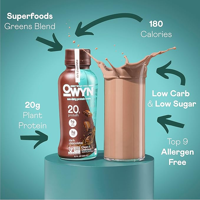 OWYN Only What You Need Protein Shake Variety Pack, Dark Chocolate, Cold Brew Coffee, Cookies and Creamless, 20g Protein, 4g Sugar, 3g Fiber, Dairy Free, Plant Based Protein Drink, 12 CT
