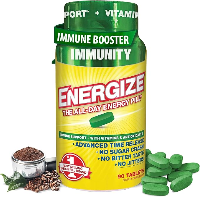 iSatori Energize Immunity Caffeine Pills - Keto Friendly Vitamin A, B12, C, D, & E Supplement + Fast Acting Energy Pill - Daily Immune Support, Super Greens, All Day Energy, No Jitters - 90 Tablets