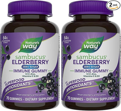 Nature's Way Sambucus Zero Sugar Immune Gummies,Daily Immune Support*,Black Elderberry Extract,Vitamin C,Vitamin D3,Zinc,Sugar Free,Sugar-Alcohol Free,Plant-Based Sweeteners,70 Gummies,(Pack of 2)