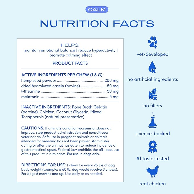 Native Pet Calming Chews for Dogs Small Breed - Promotes Calming Effect, Supports Emotional Balance & Reduces Hyperactivity - Hemp Seed, Melatonin for Dogs, L-Theanine & Casein - 30 Days Supply