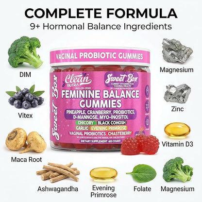 Clean Nutra Feminine Balance Gummies for Women Pineapple VaginalProbiotics pH Balance Cranberry D Mannose Supplement Inositol Black Cohosh Evening Primrose Garlic Vitex GLA Prebiotics Folate 60ct