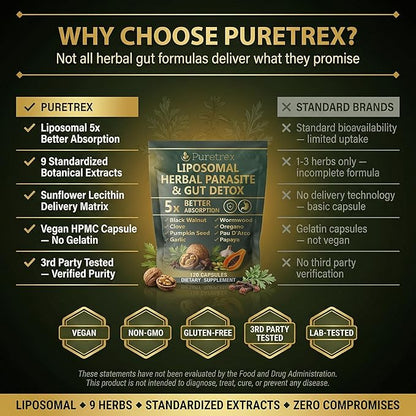Liposomal Herbal Parasite & Gut Detox, 120 Capsules, 5X Better Absorption, with Black Walnut, Wormwood, Clove, Pumpkin Seed, Garlic, Oregano, PAU D'Arco, Papaya