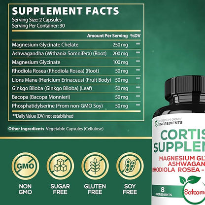 Satoomi 8in1 Cortisol Manager with Magnesium Glycinate, Ashwagandha, Rhodiola Rosea, Lions Mane & More - Cortisol Reducer Supplement Men & Women - 60 Capsules