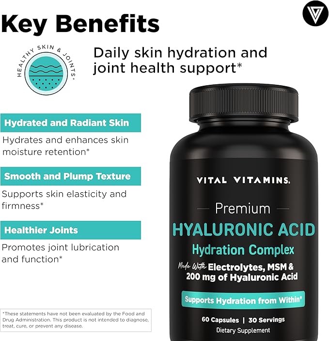 Vital Vitamins Hyaluronic Acid Supplement Hydration Complex - with Hyaluronic Acid, MSM, Vitamin C, Coconut Water Powder, & Silica - Skin Hydration Supplements - Non-GMO - 60 Capsules, 30 Servings