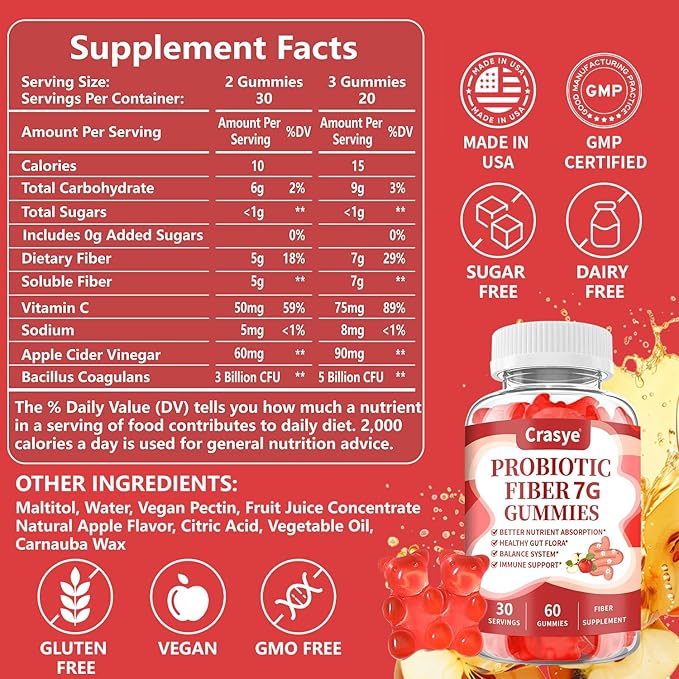 Fiber Gummies for Adults, Probiotic Fiber Gummy Sugar Free Fiber Supplement for Women Men Digestive Regularity Health Support Gut and Immune Wellness - 60 Gummies