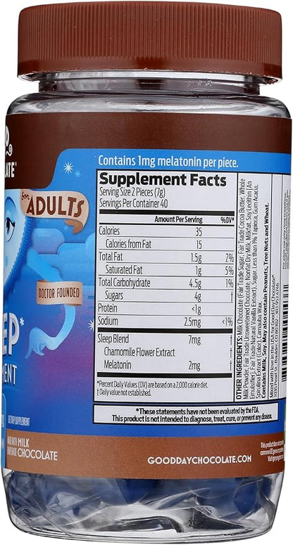 Good Day Chocolate Melatonin for Adults [ 80 Count ] - Fair Trade Non-GMO Chocolate with Chamomile and Melatonin 1 mg - Adult Melatonin, Adult Natural Sleep Aid Supplement