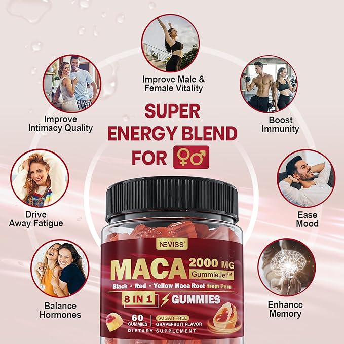 Maca Root Filled Gummies 2000mg for Women Men | Sugar Free | Organic Black, Red, Yellow Maca Root Supplement Gummy Chews with Ashwagandha Ginseng & Zinc | Vegan, Non-GMO, Grapefruit Flavor, 60 Count