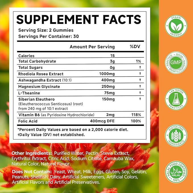 Rhodiola Rosea Gummies for Adults & Kids-Adaptogenic Herb-Daily Wellness, Emotions, Slumber Support, with Ashwagandha, Magnesium Glycinate, Siberian Eleuthero Supplements for Women & Men, 120 Count