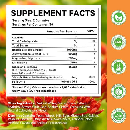 Rhodiola Rosea Gummies for Adults & Kids-Adaptogenic Herb-Daily Wellness, Emotions, Slumber Support, with Ashwagandha, Magnesium Glycinate, Siberian Eleuthero Supplements for Women & Men, 120 Count