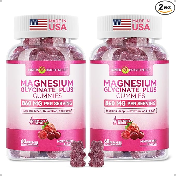 Magnesium Glycinate Plus Gummies 860mg, Sugar-Free, Non-GMO, Gluten-Free, Magnesium Gummies for Adults & Kids, Sleep, Relaxation & Focus, Magnesium Supplement for Women, Mixed Berry Flavor, 120 Count