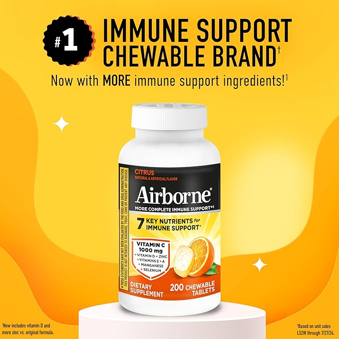 Airborne 1000mg Vitamin C with D and Zinc, Multivitamin Immune Support Supplement with Antioxidants A, C, and E, 200 Chewable Tablets, Citrus Flavor,(Pack of 2)