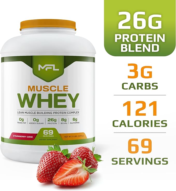MFL Muscle Whey Protein l 28g of Protein l 8g BCAAs l Keto Friendly l Low Carbs l 5 lbs. (Strawberry Cake)