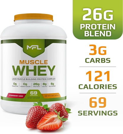 MFL Muscle Whey Protein l 28g of Protein l 8g BCAAs l Keto Friendly l Low Carbs l 5 lbs. (Strawberry Cake)